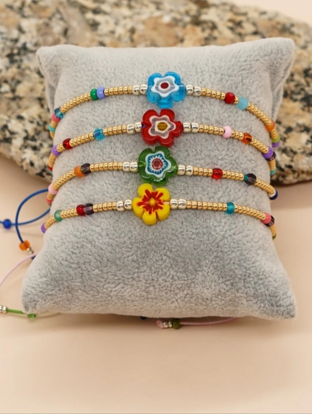 Handmade green String Bracelets Colorful Glass Beads And Green Flowers, Bohemian